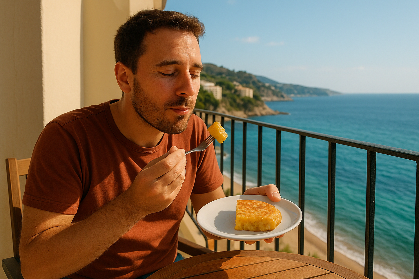 un homme qui déguste une tortilla espagnle forme ronde et petite, dans un balcon en face de la mediterannée