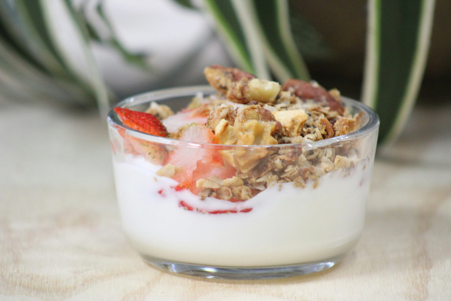 French muesli Greek yogurt verrine with seasonal fruits traditional breakfast Orihuela Costa