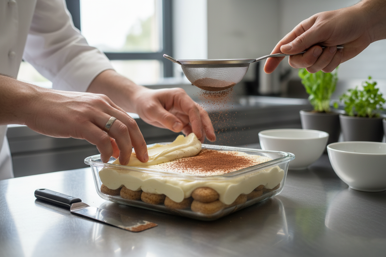 pastry chef hands making tiramisu
