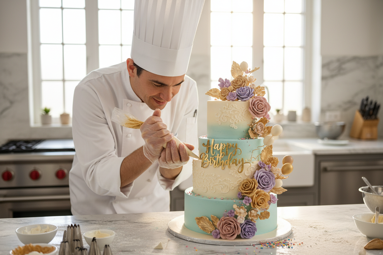 pastry chef making a birthday cake 